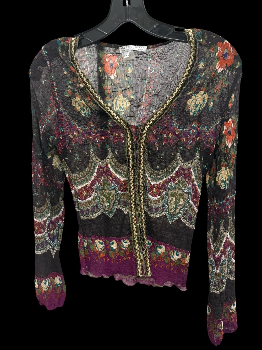 Alberto Makali Floral Crinkle Gold Trim Blouse Black Purple Size S